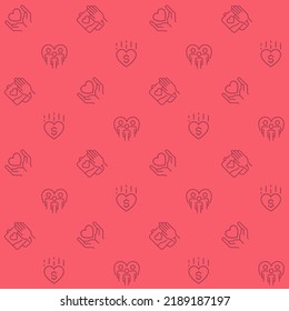 Medical donation abstract seamless pattern. Editable vector shapes on pink background. Trendy texture with cartoon color icons. Design with graphic elements for interior, fabric, website decoration