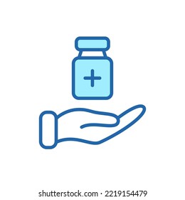 Medical Donation Linear Icon. Humanitarian Aid for Needy, Poor, Homeless and Sick. Hand Line Icon and Medical Supplies. Charity and Donation Concept. Editable Stroke. Vector illustration.