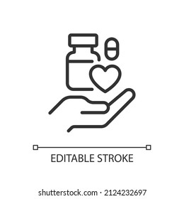 Medical donation pixel perfect linear icon. Unused medicine disposal. Donating returned drugs. Thin line illustration. Contour symbol. Vector outline drawing. Editable stroke. Arial font used