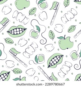 Medical doodle drawing Health care dentist Hand drawn sketch with green objects vector background