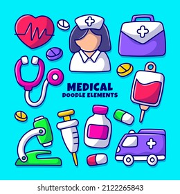 Medical doodle element set with colored hand drawn cartoon style