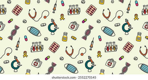 Medical doodle elements seamless pattern.Tablets, test tubes, syringe, microscope, DNA molecule, stethoscope.Colored objects with outline on white background.Vector design for textile,package.