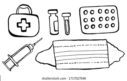 Medical doodle. The most necessary to protect the body from the virus in the body. Medical kit, vaccine ampoules, pills, syringe, medical mask. Isolated, vector set on a white background.