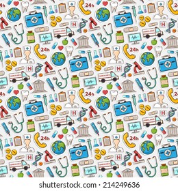 Medical doodle pattern.Sticker.With:thermometer stethoscope tablet capsule apple ambulance syringe tooth medical card Hospital Medical plaster phone computer microscope flask sheet appointment