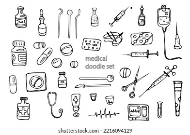 Medical Doodle Set, Hand Drawn Illustrations In Doodle Style. 