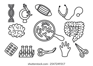 Conjunto de doodle médico con cerebro e intestinos humanos, microscopio, bacterias, tubos de ensayo, estetoscopio, empuñaduras, guantes. Elementos lineales aislados en blanco. Diseños gráficos de Vector para su uso en Plantilla de Anuncio.