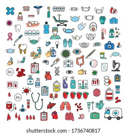 iconos del conjunto de doodle médico, ilustración vectorial