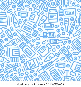 Medical doodle vector seamless pattern. Tablets, capsules, vitamins, syringes, vials