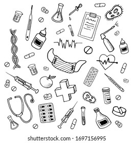 Medical doodles. Hand drawn medicine icon set. Healthcare sketched collection, pharmacy icons. Cartoon doodle objects, symbols and items. Vector illustrations.