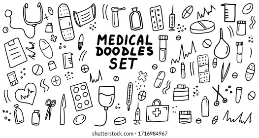 Medical doodles icon set. Hand drawn lines health care concepts, pharmacy, medicine cartoon icons collection. Vector illustration.