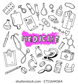 Medical doodles, Medical items. Vector icons. Background. Isolated items.