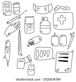 medical doodles, outline drawings on the theme of the home first aid kit vector illustration