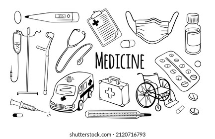 Medical doodles set. Hand drawn icons isolated on white background. Vector illustration.