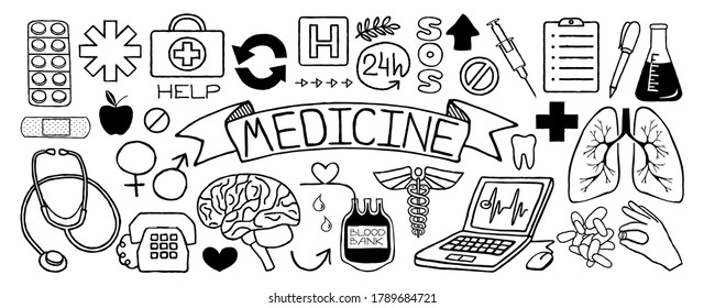 Medical doodles set of icons isolated on white background