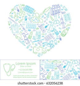 Medical doodles shaped in heart. Vector template