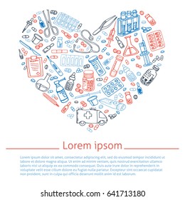 Medical doodles shaped in heart. Vector template