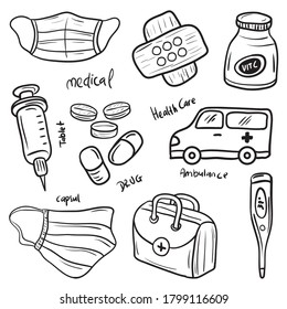 Medical Doodles Vector icons set, Doctor Clipart, Medicine Signs,  simple icons with hand drawn style 