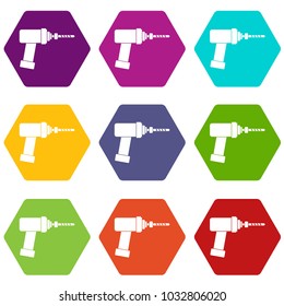 Medical drill icon set many color hexahedron isolated on white vector illustration