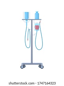 A Medical Drip With A Bottle Of Saline Solution And A Bag Of Blood On A Tripod With Wheels For Moving In A Hospital Room. Cartoon Flat Style. Stock Vector Illustration Isolated On A White Background.