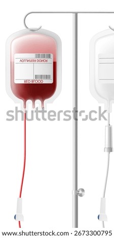 Medical drip system with bag on tube isolated on transparent background. IV Blood Bag Dropper Stand. Laboratory equipment for blood transfusion. Realistic 3D vector illustration.