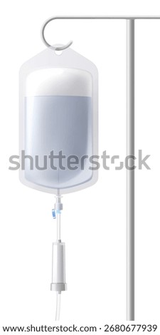 Medical drip system with Saline solution bag on tube isolated on transparent background. IV Blood Bag Dropper Stand. Laboratory equipment for blood transfusion. Realistic 3D vector illustration.