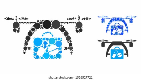 Medical drone composition for medical drone icon of small circles in variable sizes and color tinges. Vector random circles are united into blue composition.