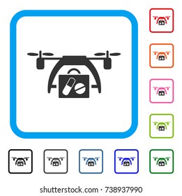 Medical Drone icon. Flat gray iconic symbol inside a light blue rounded rectangle. Black, gray, green, blue, red, orange color variants of Medical Drone vector.