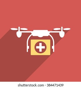 Medical Drone long shadow vector icon. Style is a light flat symbol on a red square button.