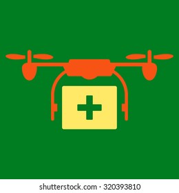 Medical Drone Shipment vector icon. Style is bicolor flat symbol, orange and yellow colors, rounded angles, green background.