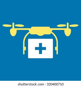Medical Drone Shipment vector icon. Style is bicolor flat symbol, yellow and white colors, rounded angles, blue background.
