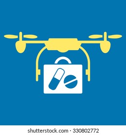 Medical Drone Shipment vector icon. Style is bicolor flat symbol, yellow and white colors, rounded angles, blue background.