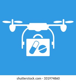 Medical Drone Shipment vector icon. Style is flat symbol, white color, rounded angles, blue background.