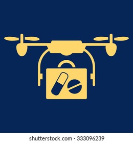 Medical Drone Shipment vector icon. Style is flat symbol, yellow color, rounded angles, blue background.