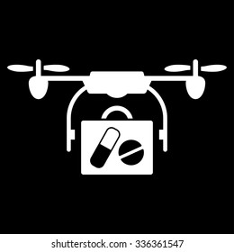 Medical Drone Shipment vector icon. Style is flat symbol, white color, rounded angles, black background.