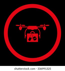 Medical Drone Shipment vector icon. Style is flat rounded symbol, red color, rounded angles, black background.