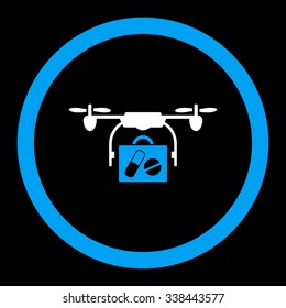 Medical Drone Shipment vector icon. Style is bicolor flat rounded symbol, blue and white colors, rounded angles, black background.