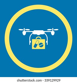 Medical Drone Shipment vector icon. Style is bicolor flat rounded symbol, yellow and white colors, rounded angles, blue background.