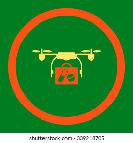 Medical Drone Shipment vector icon. Style is bicolor flat rounded symbol, orange and yellow colors, rounded angles, green background.