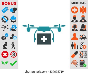 Medical Drone Shipment vector icon with bonus. Style is bicolor flat symbol, soft blue colors, rounded angles, white background.