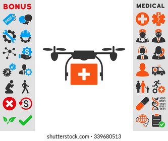 Medical Drone Shipment vector icon with bonus. Style is bicolor flat symbol, orange and gray colors, rounded angles, white background.