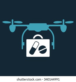 Medical Drone Shipment vector icon. Style is bicolor flat symbol, blue and white colors, rounded angles, dark blue background.
