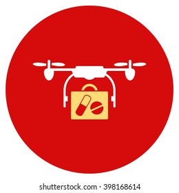 Medical Drone Shipment vector icon. Image style is a flat light icon symbol on a round red button