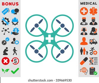 Medical Drone vector icon with bonus. Style is bicolor flat symbol, cobalt and cyan colors, rounded angles, white background.