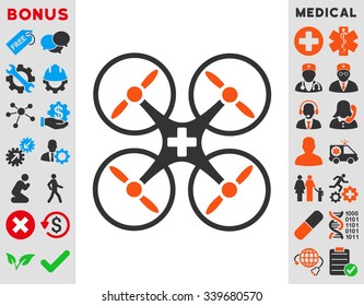 Medical Drone vector icon with bonus. Style is bicolor flat symbol, orange and gray colors, rounded angles, white background.