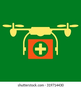 Medical Drone vector icon. Style is bicolor flat symbol, orange and yellow colors, rounded angles, green background.