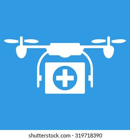 Medical Drone vector icon. Style is flat symbol, white color, rounded angles, blue background.