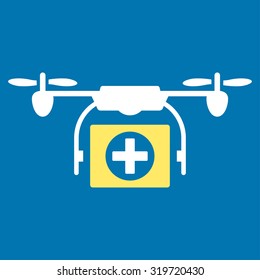 Medical Drone vector icon. Style is bicolor flat symbol, yellow and white colors, rounded angles, blue background.