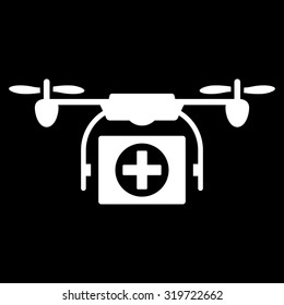 Medical Drone vector icon. Style is flat symbol, white color, rounded angles, black background.