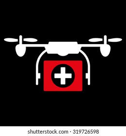 Medical Drone vector icon. Style is bicolor flat symbol, red and white colors, rounded angles, black background.