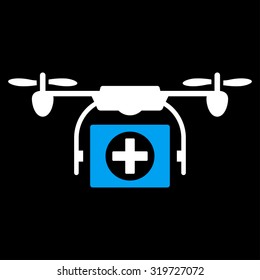 Medical Drone vector icon. Style is bicolor flat symbol, blue and white colors, rounded angles, black background.